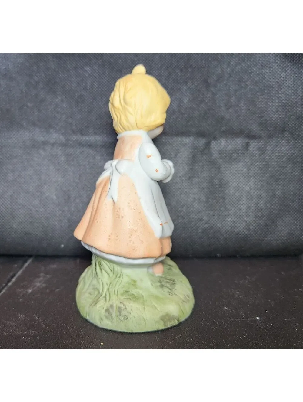 Porcelain Figurine Girl Feeding Chicken White Peach Dress Blonde Bun Farm Hen